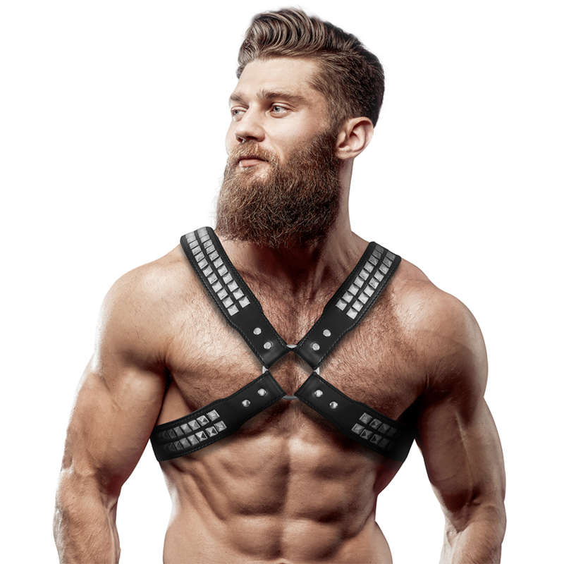ATTITUDE SOUmise FÉTICHE - HARNAIS EN SIMILICUIR ÉCOLOGIQUE POUR HOMME AVEC RIVETS, CROISÉ SUR LA POITRINE