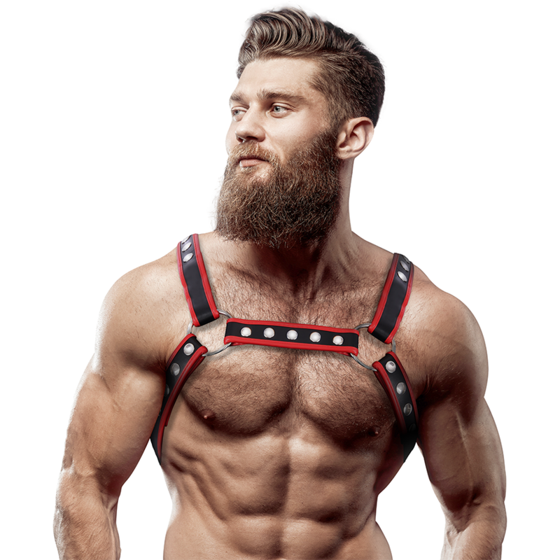 ATTITUDE SOUMISE FÉTICHE - HARNAIS DE POITRINE BULLDOG EN SIMILI CUIR ÉCOLOGIQUE NOIR/ROUGE POUR HOMME