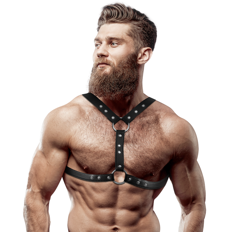 ATTITUDE SOUMISE FÉTICHE - HARNAIS DE POITRINE EN SIMILICUIR AVEC DOUBLE SUPPORT ET CLOUS POUR HOMMES