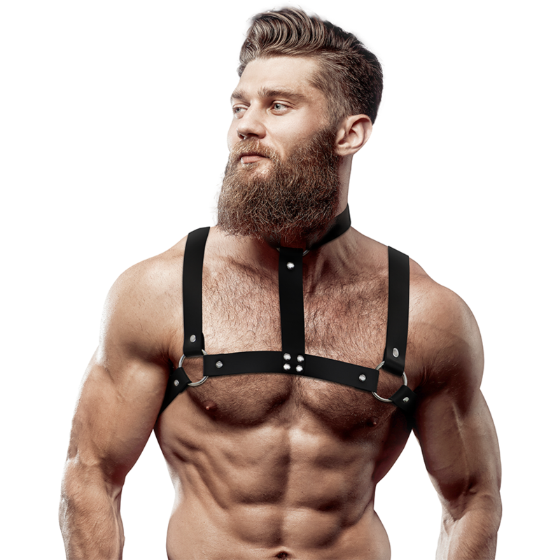 ATTITUDE DE SOUMISSION FÉTICHE - HARNAIS DE POITRINE RÉGLABLE EN SIMILICUIR AVEC COLLIER POUR HOMMES