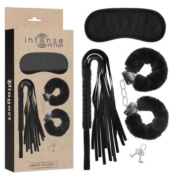 INTENSE - KIT DE JEUX ÉROTIQUES FÉTICHISTES 1 AVEC MENOTTES, BANDEAU ET FOUET