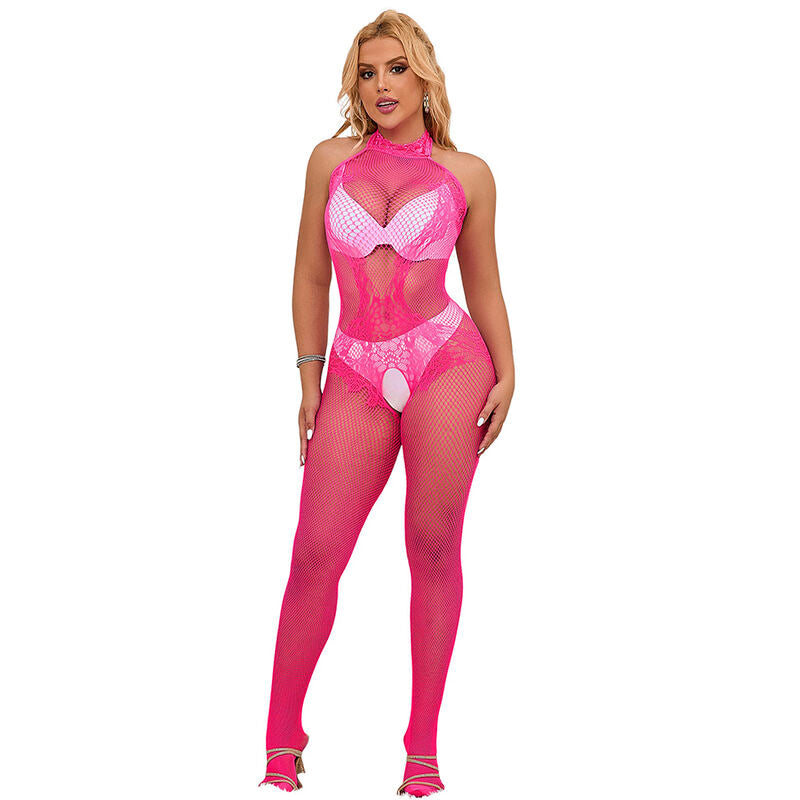 SUBBLIME - 952389 BODY DE PÊCHE EN RÉSILLE ET DENTELLE SANS ENTREJUMES AVEC COL MONTANT ROSE TAILLE UNIQUE