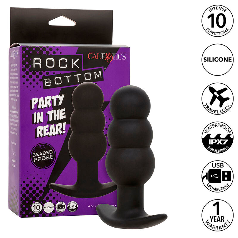 CALEXOTICS - ROCK BOTTOM ANALE PLUG MET KRALEN, 10 VIBRATIES, ZWART, SILICONE
