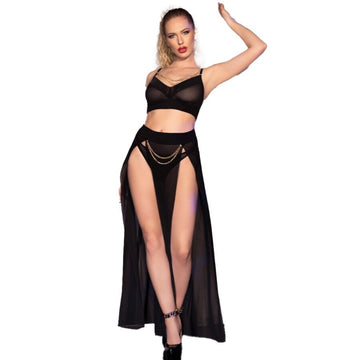 CHILIROSE - CR 4672 HAUT ET STRING NOIRS AVEC CHAÎNES DORÉES S
