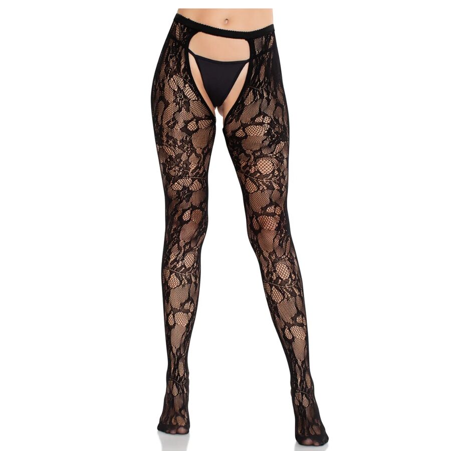 LEG AVENUE - BAS NOIRS EN DENTELLE ROSE AVEC OUVERTURE ARRIÈRE