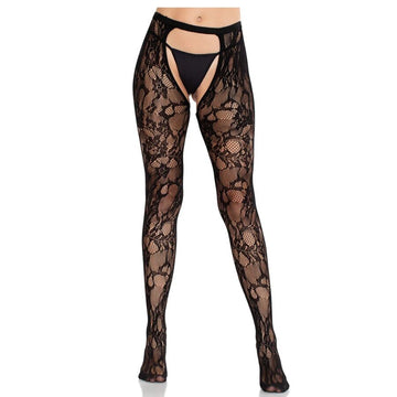 LEG AVENUE - BAS NOIRS EN DENTELLE ROSE AVEC OUVERTURE ARRIÈRE