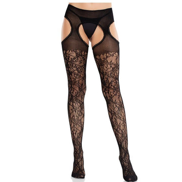 LEG AVENUE - BAS AUTO-FIXANTS EN DENTELLE FLORALE AVEC PORTE-JARRETELLES NOIR