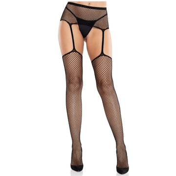 LEG AVENUE - BAS NOIRS EN DENTELLE AVEC CROIX ET PORTE-JARRETELLES