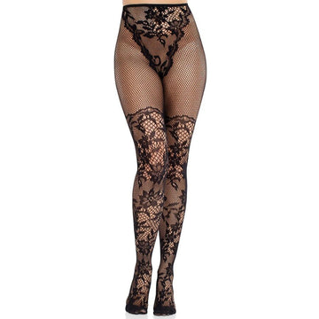 LEG AVENUE - BAS AUTOFIXANTS DAHLIA EN DENTELLE AVEC DÉTAIL EN FILET NOIR
