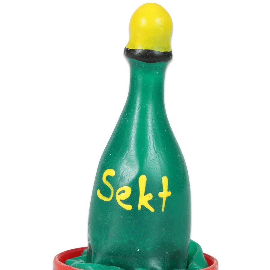 CONDOMERIE - HANDGESCHILDERDE CONDOMS MET EEN NIEUWIGHEIDSMOMENT CHAMPAGNE