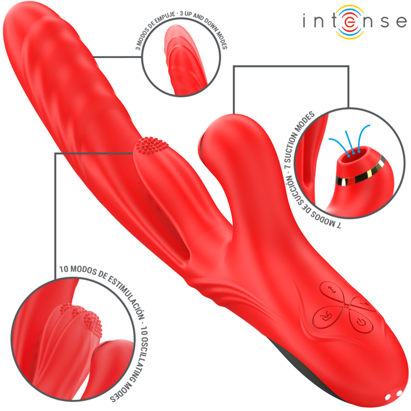 INTENSE - KAROL MULTIFUNCTIONELE VIBRATOR MET STOOT- &amp; STIMULATIE- &amp; STIMULERENDE GOLVEN ROOD