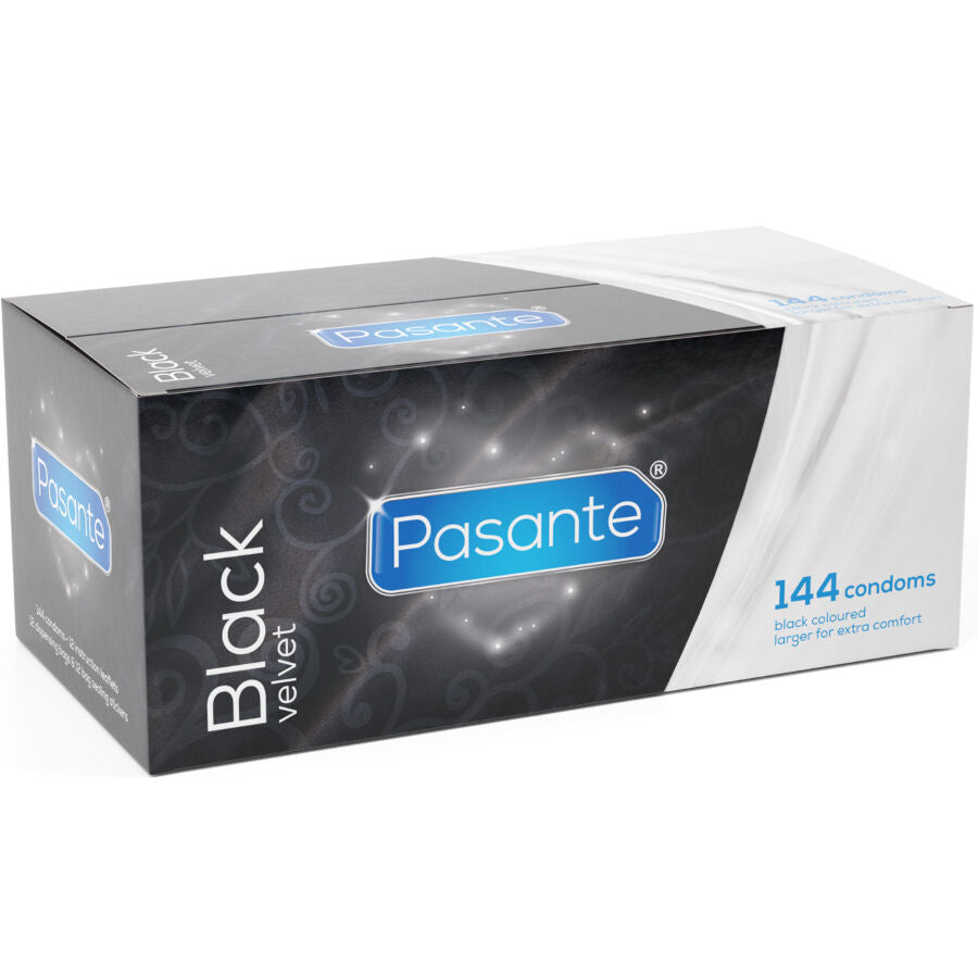PASANTE - DOOS MET ZWARTE FLUWELEN CONDOMS, 144 STUKS