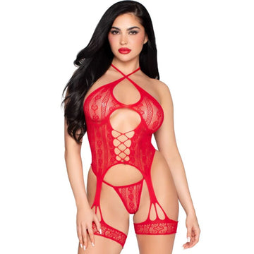 LEG AVENUE - 89338 NUISSETTE EN DENTELLE AVEC PORTE-JARRETELLES + TANGA ROUGE - TAILLE UNIQUE