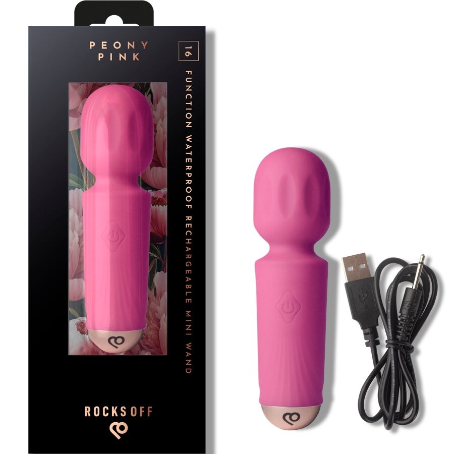 ROCKS-OFF - BAGUETTE MINI RECHARGEABLE 16 FONCTIONS ROSE PIVOINE