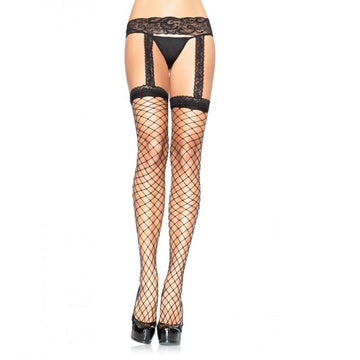 LEG AVENUE - BAS RÉSILLE AVEC JARRETELLE EN DENTELLE NOIRE